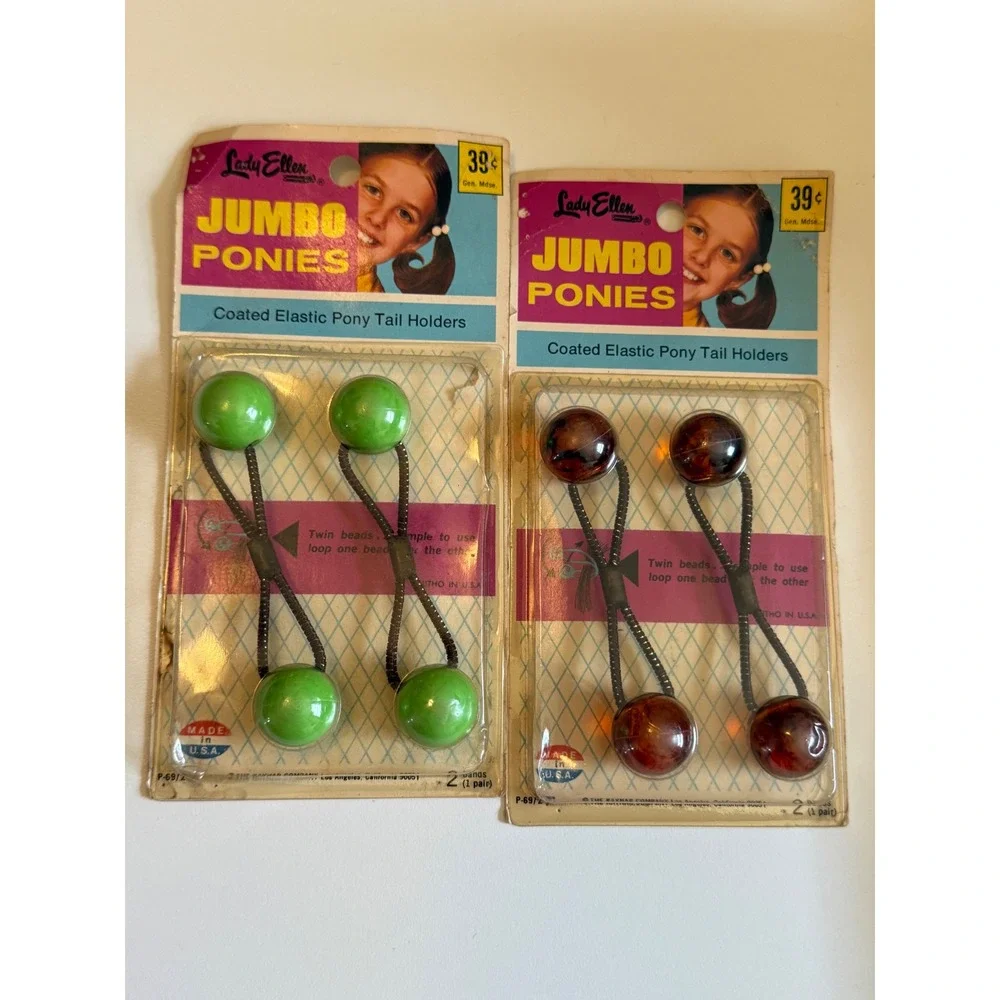 Vintage Lady Ellen Jumbo Ponies Hair Ties Coated Elastic Bead Green Brown 2 Pack